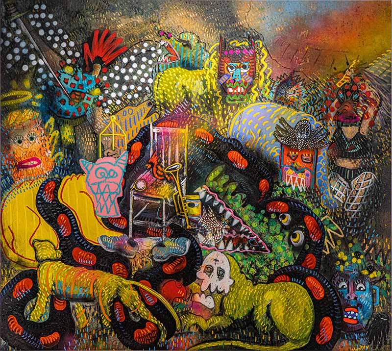 Paul Hunter Speagle, We Are the Lions In Our Den, 2021, Oil, oil bar, acrylic, spray paint, charcoal, white out, graphite on canvas, 199 x 222.5 cm