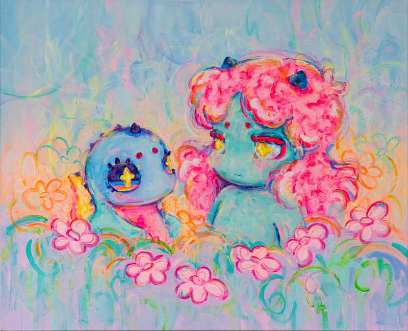 Okokume Necesito hablarte 2021 Acrylic, oil pastel and soft pastel on canvas, 75 x 91.5 cm