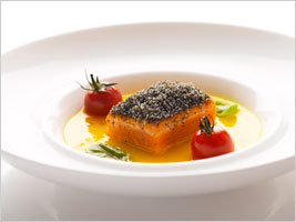 Pan fried scottish salmon with squid ink crust in a swet bell pepper coulis @ Buko Nero in Singapore
