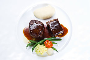 Tajima Short Rib and Beef Tenderloin, Red Wine and Plum Sauce, Whipped Potato