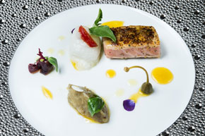 Seared Red Tuna with Fennel Pollen - Eggplant Salad, Tomato and Orange Dressing